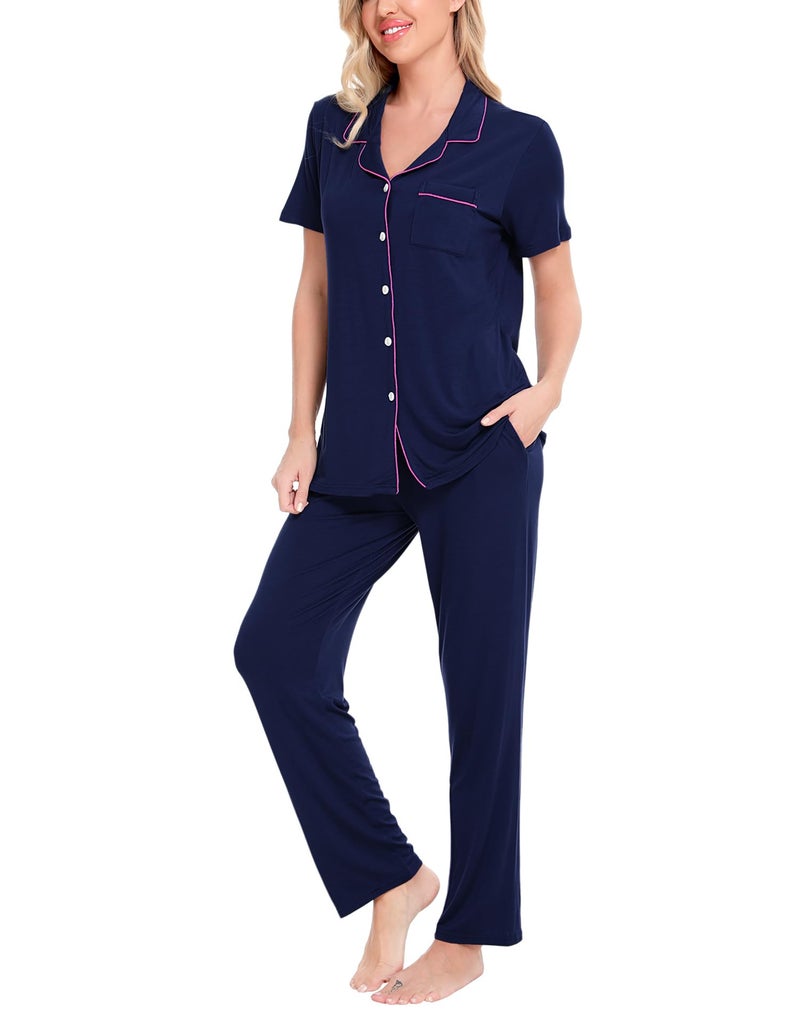 SWOMOG Women Pajama Sets Two-Piece Nightwear Short Sleeve Sleepwear Button Down Pj Lounge Sets with Long Pants Navy Blue - Image 3